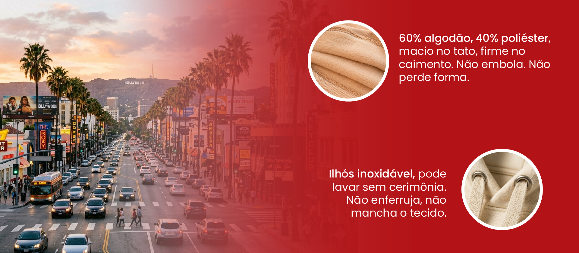 Moletom Canguru Los Angles California detalhe tecido e Ilh&oacute;s inoxid&aacute;vel